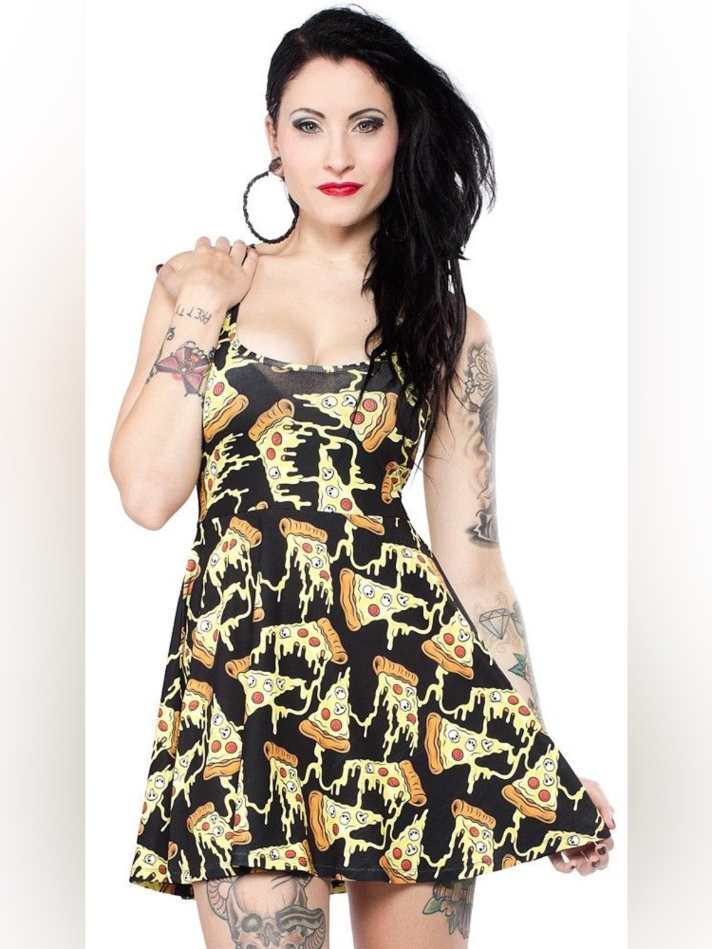 Sourpuss Black Pizza Print Fit & Flare Mini Dress